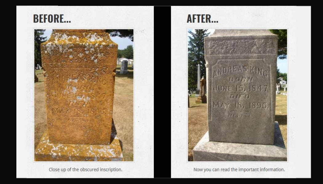 Before and after memorial cleaning showing improved inscription readability