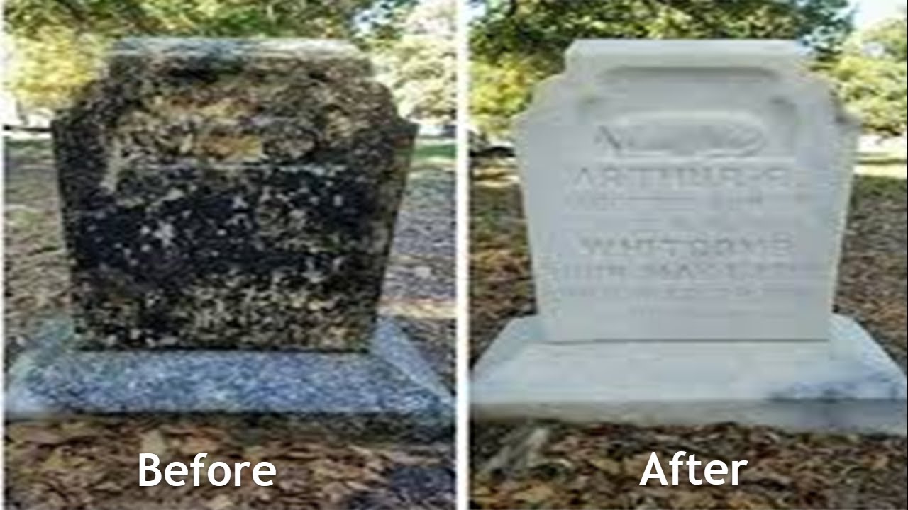 Before and after headstone cleaning comparison